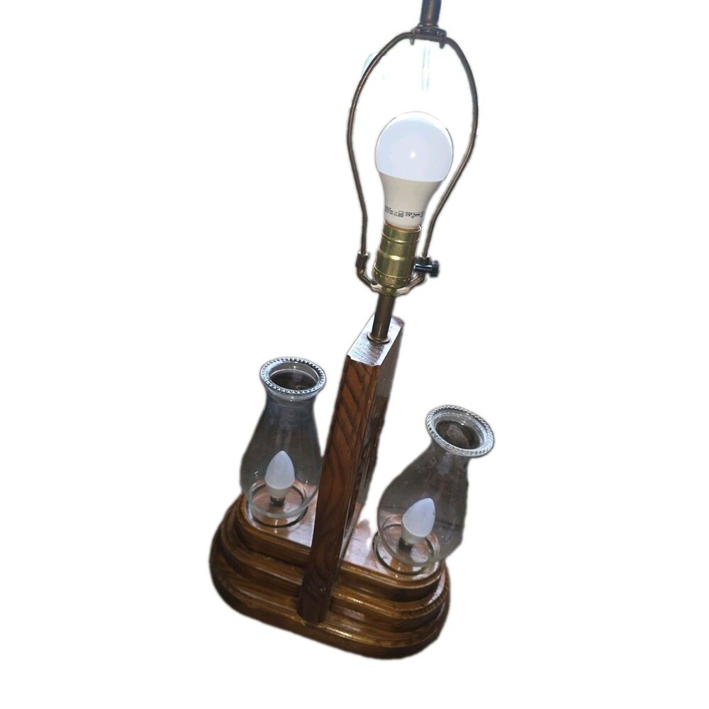 Wood & Glass Table Lamp w/ Dual Clear Hurricane Shades, Corded Wall Switch